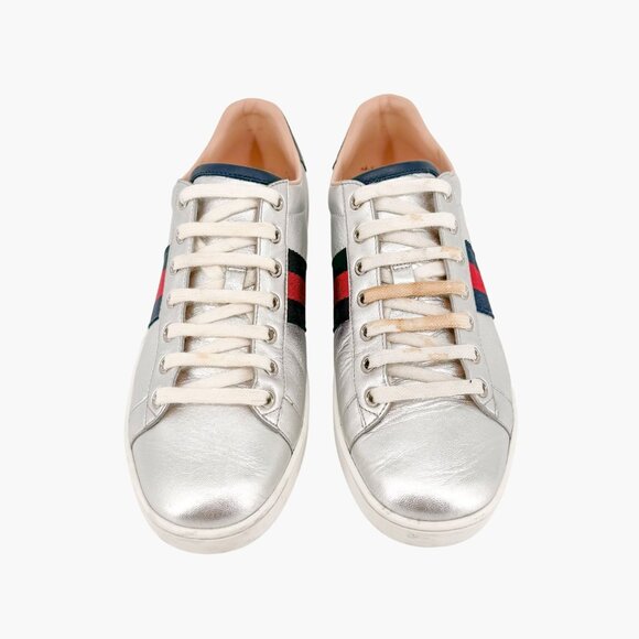 Gucci Ace Web Stripe Sneaker EU 38.5 US 8.5 Metallic Silver Leather Low Top Shoe - Picture 2 of 12